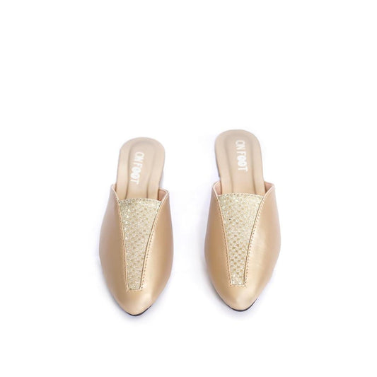 Women's beige slip on mules with pointed toe and gold glitter detail