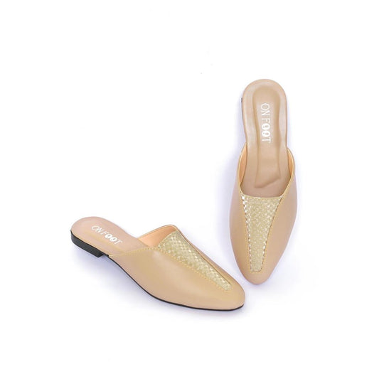 Pair of beige mules with woven pattern on a white background