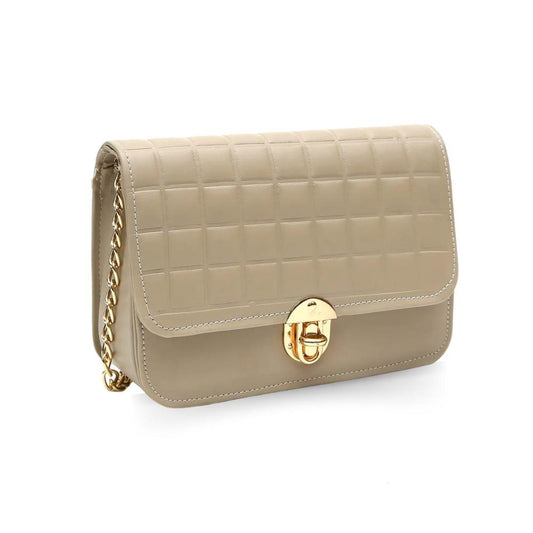 Beige handbag with gold clasp on a white background