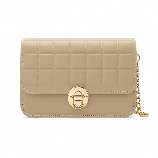 Beige quilted handbag with a gold chain on a white background