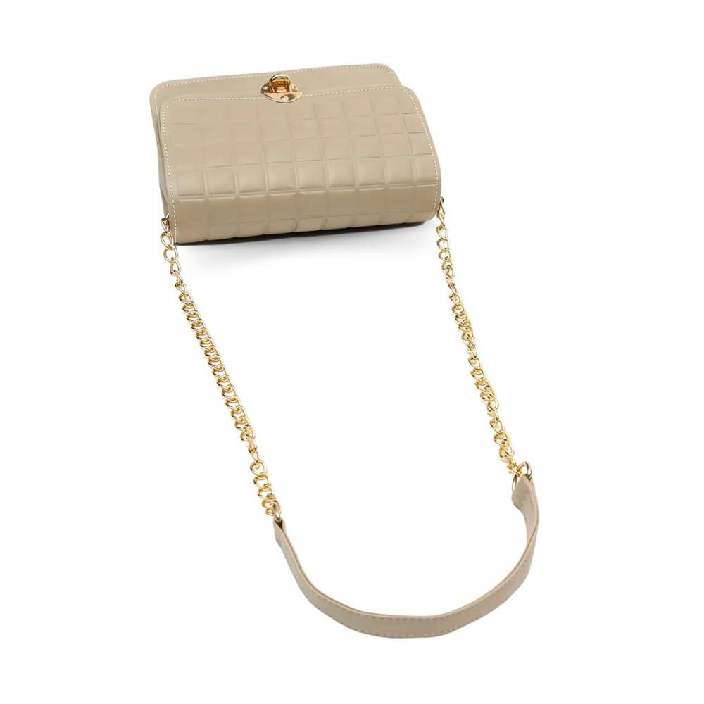 Beige handbag with a gold chain strap on a white background