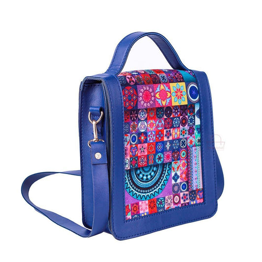 Blue backpack with a colorful pattern on a white background