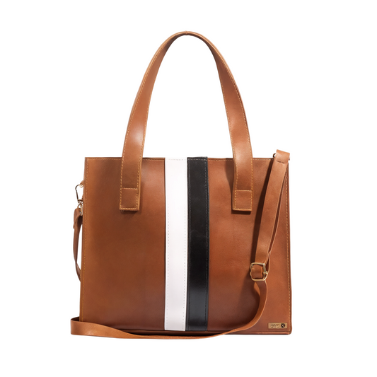 Brown leather tote bag with black and white stripe on a white background