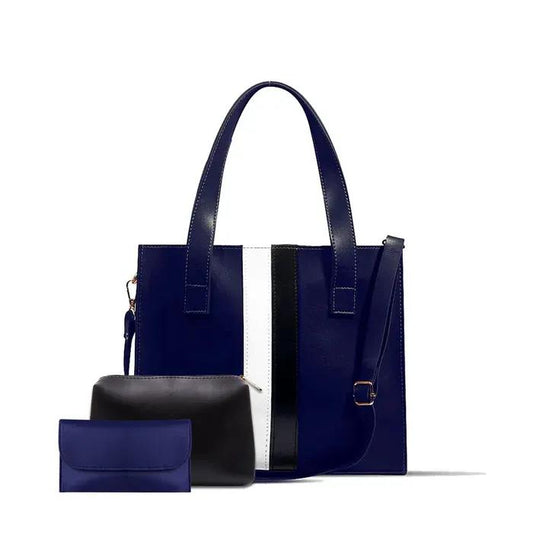 Blue 3pc PU Leather Tote Handbag Set