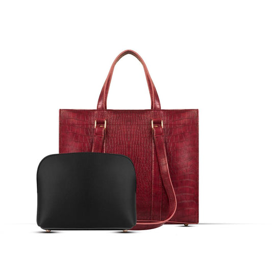 Maroon textured tote bag and black pouch on a white background