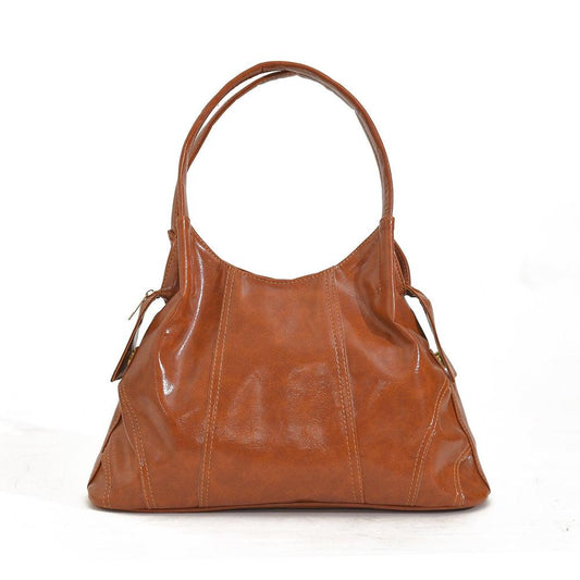 Brown leather handbag on a white background