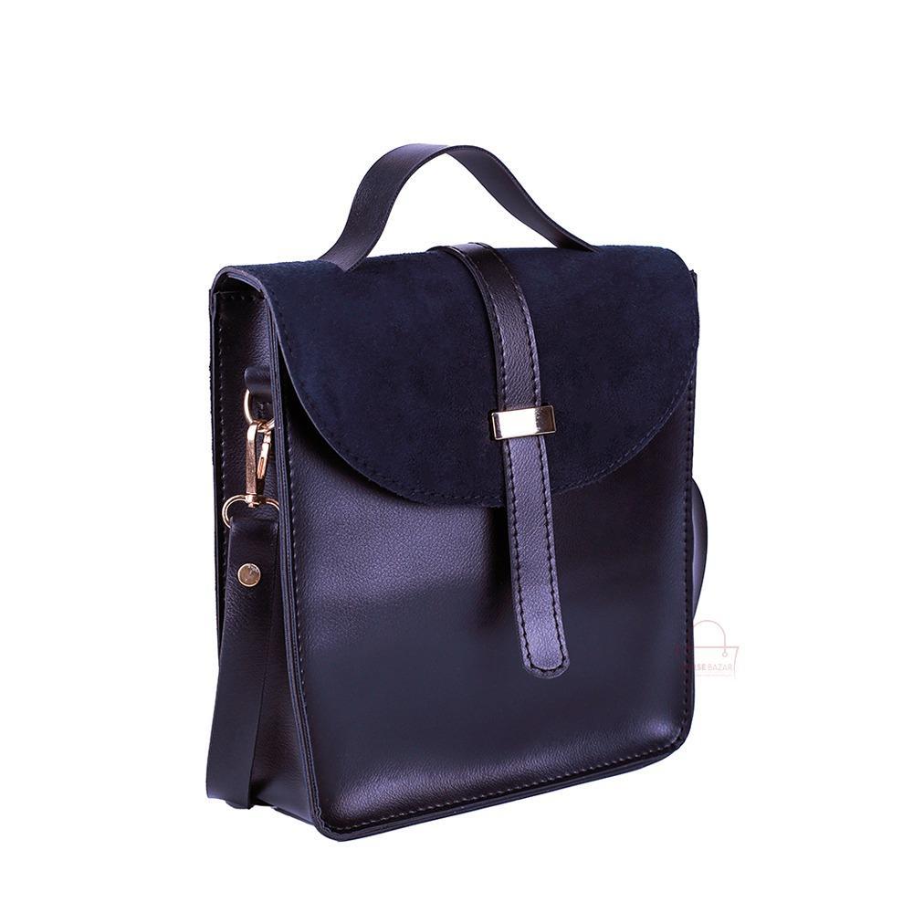 Navy blue backpack with gold accents on a white background