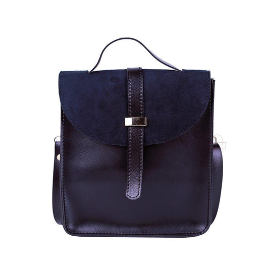 Navy blue backpack with a gold buckle on a white background