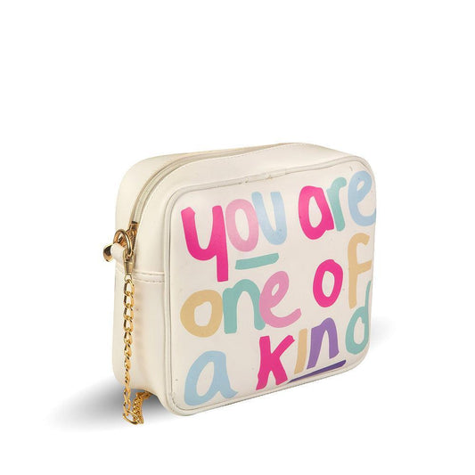 Beige pouch with colorful text 'you are one of a kind' on a white background