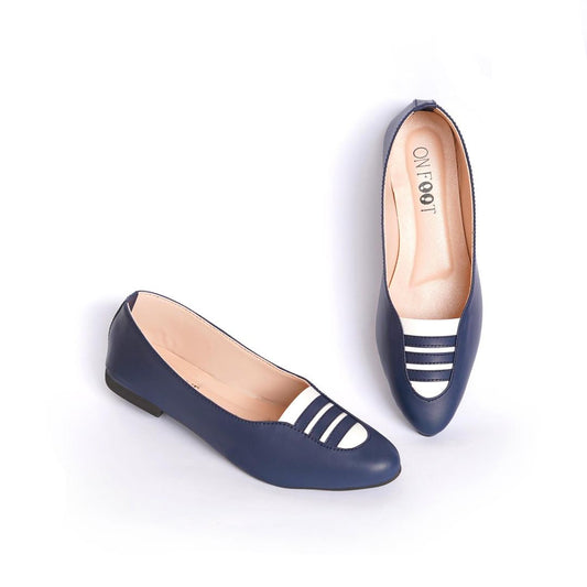 Pair of navy blue shoes with white stripes on a white background