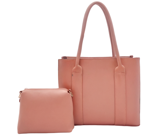 Pink handbag set and matching pouch on a white background