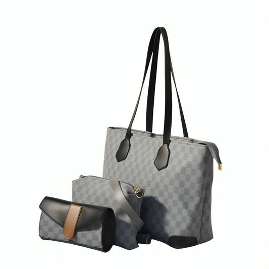 Gray checkered handbag with black handles and a matching pouch on a white background
