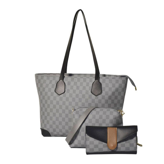 Gray checkered handbag with black accents and a matching wallet on a white background