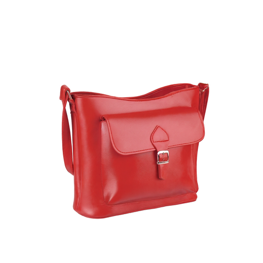 Red handbag with a silver buckle on a white background