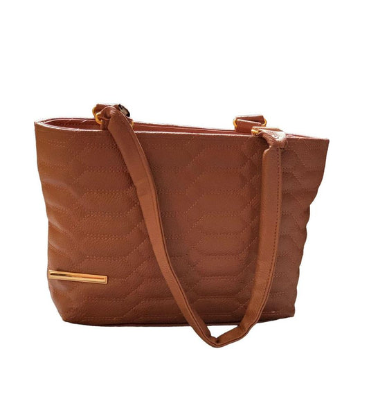 Brown quilted handbag with a gold zipper on a white background