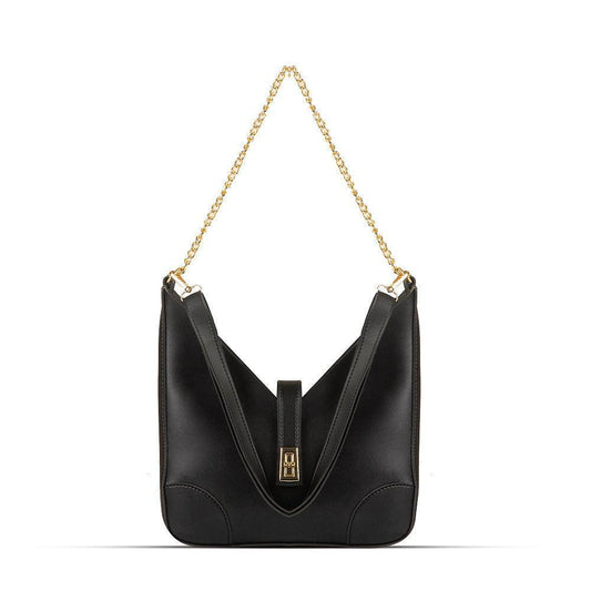 Black handbag with a gold chain strap on a white background