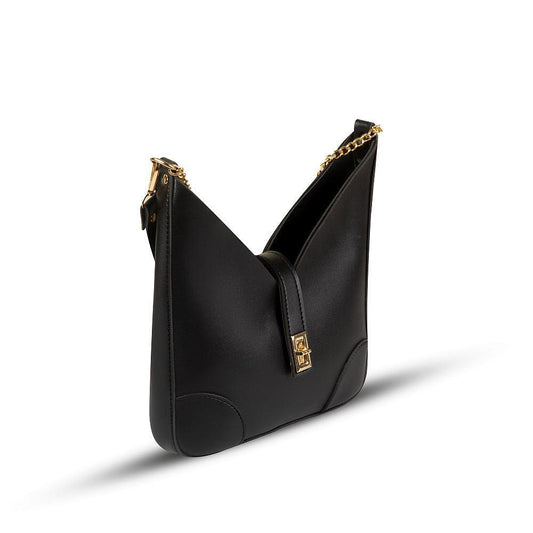Black handbag with gold accents on a white background