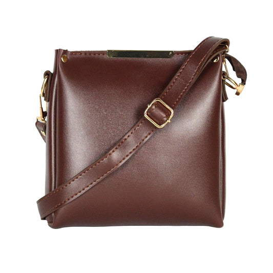 Brown leather handbag with a gold buckle on a white background