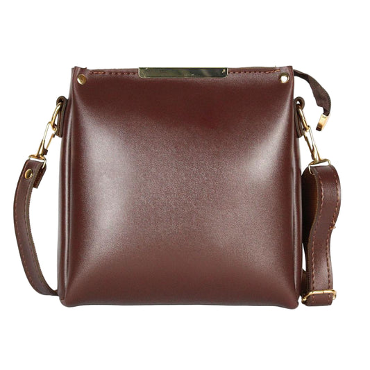 Brown leather handbag with gold accents on a white background