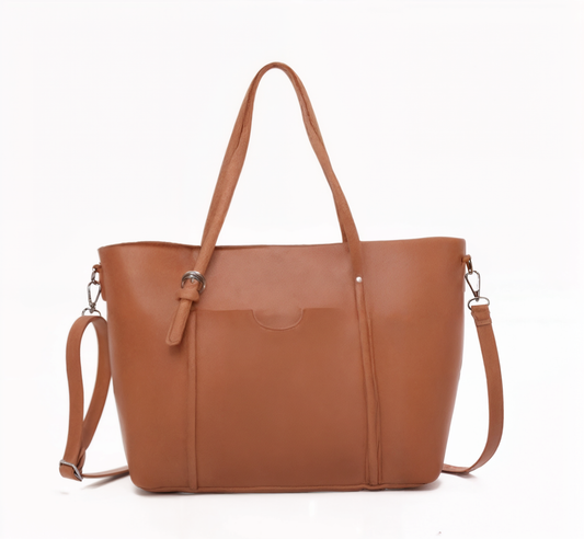 Brown leather tote bag with shoulder strap on a white background