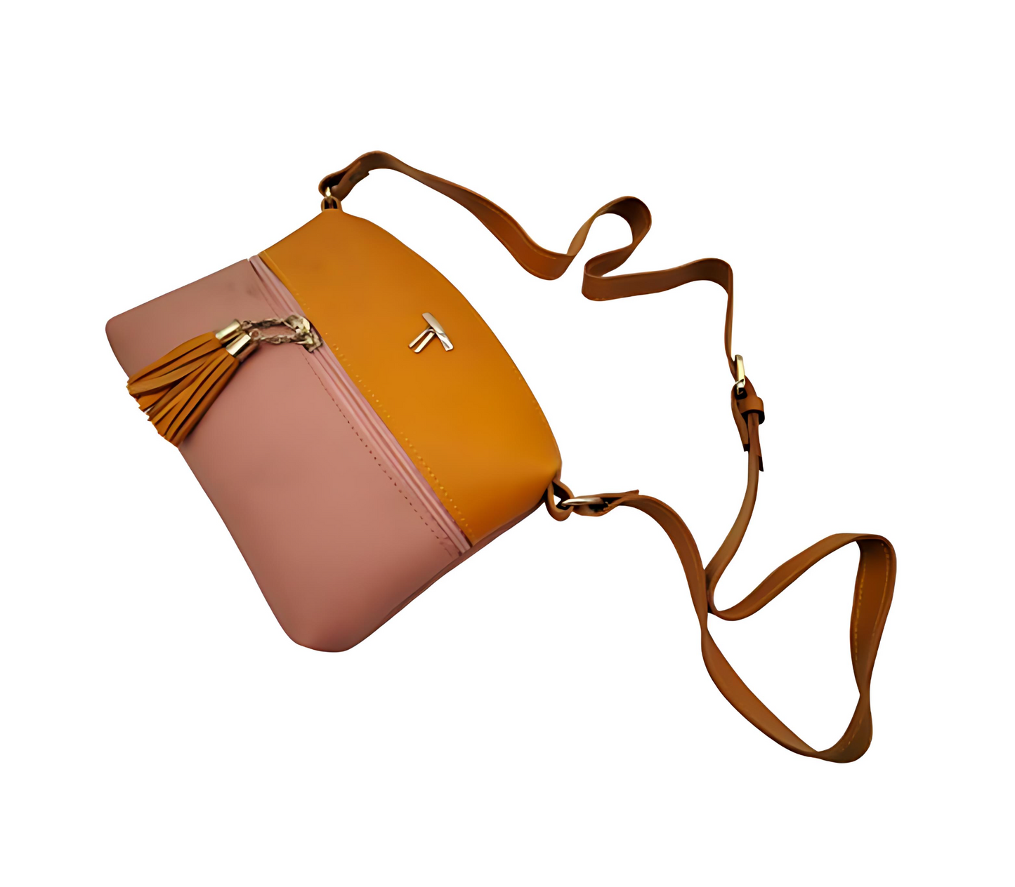 Two-tone handbag with a strap on a white background
