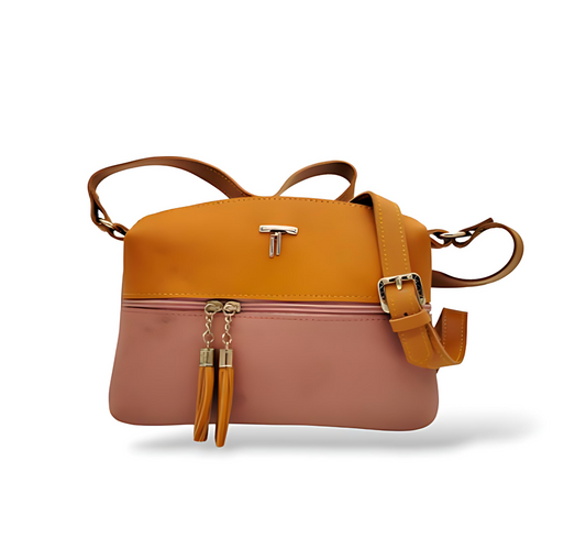 Two-tone handbag with orange top section and pink bottom section on a white background