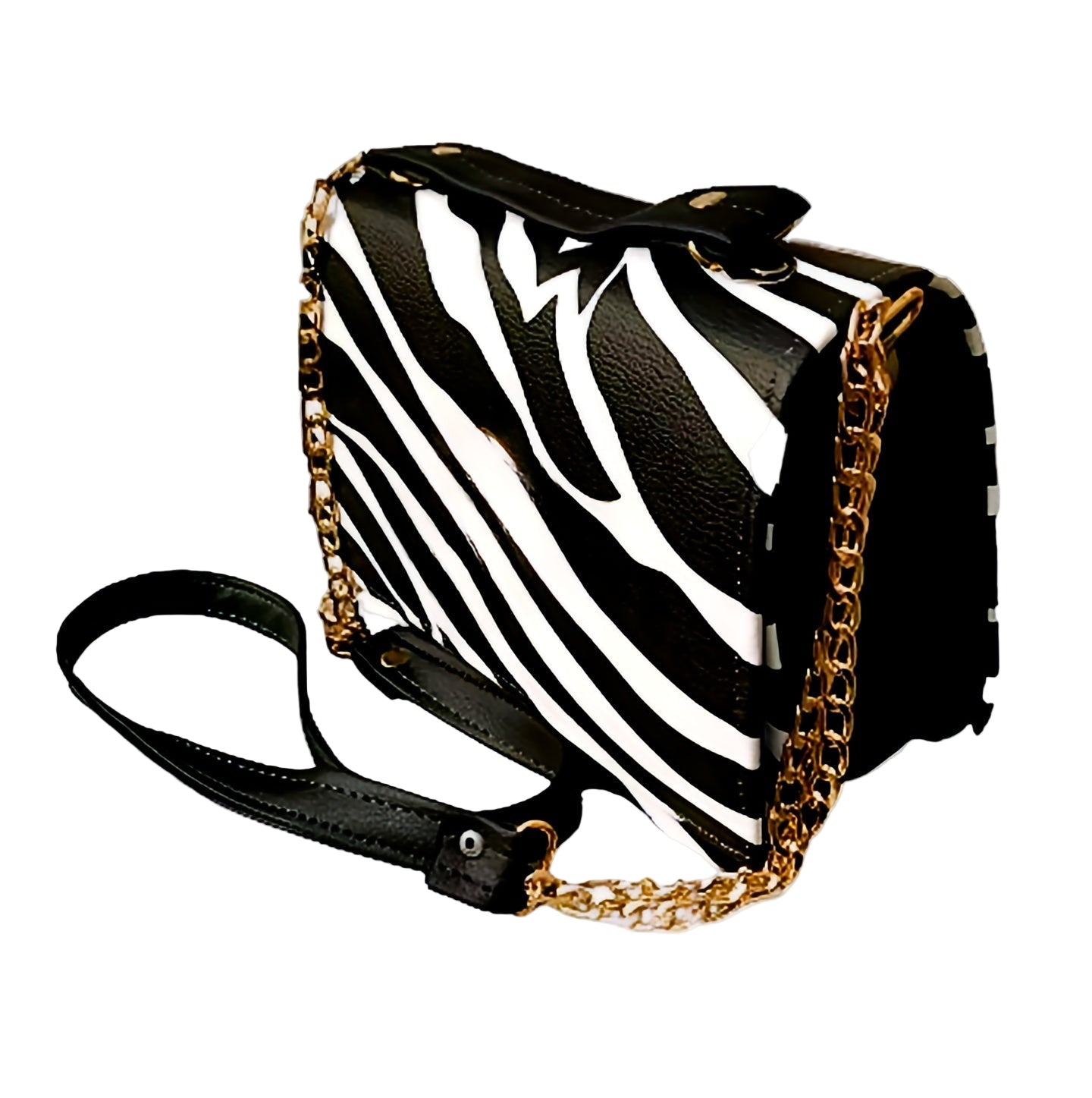 Zebra print handbag with gold chain strap on a white background