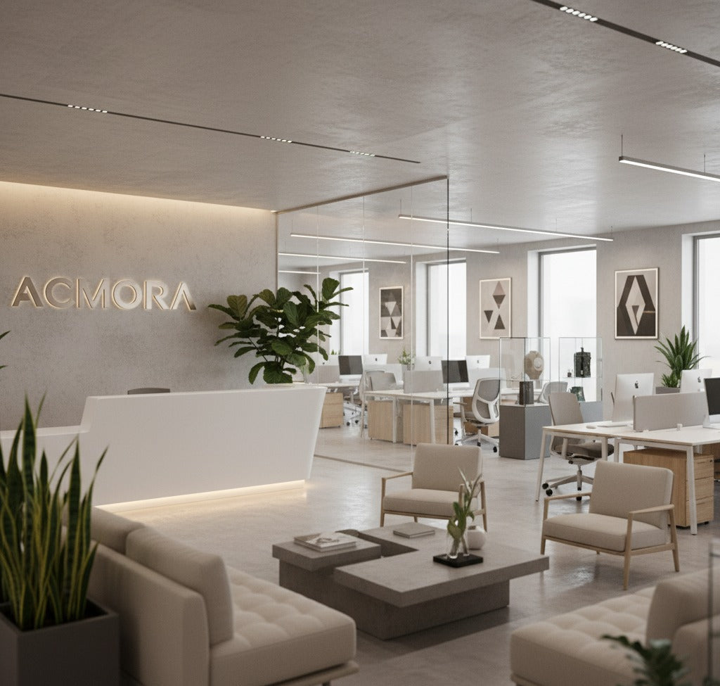 Modern office interior with Acmora branding, furniture and decor.