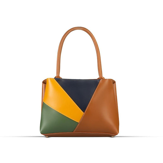 Multicolored handbag with brown, yellow, and green sections on a white background