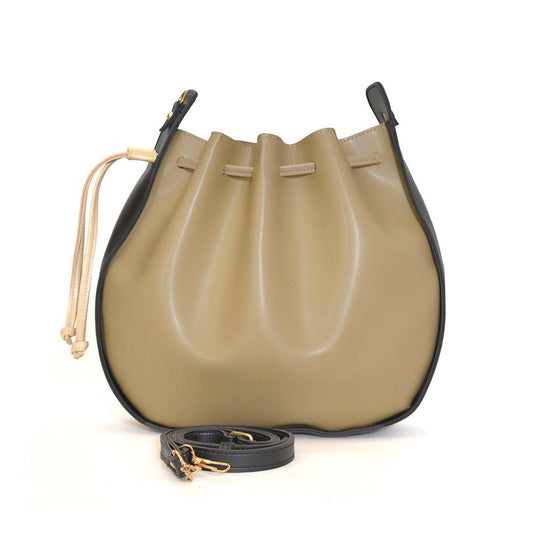 Beige handbag with black accents on a white background