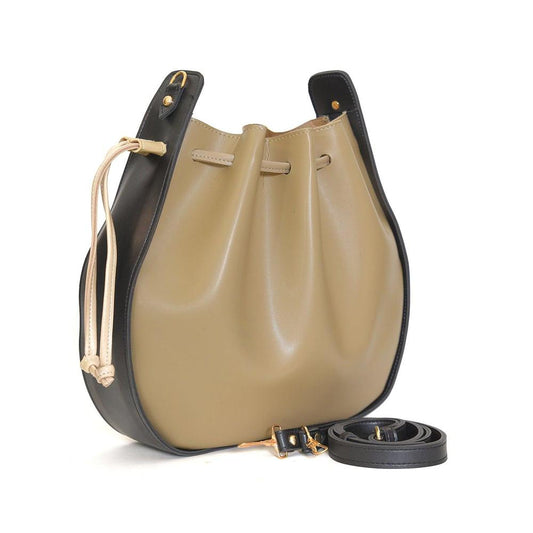 Beige handbag with black accents on a white background