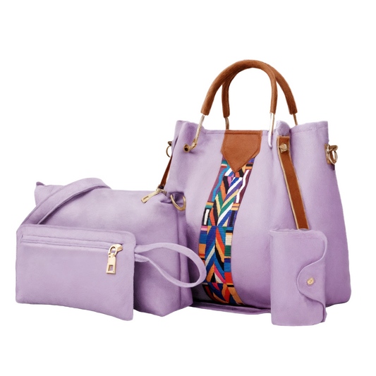 Purple handbag with a colorful strap and matching pouch on a white background