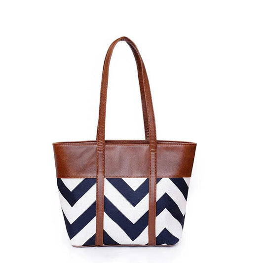 Chevron pattern tote bag with tan PU leather and long handles