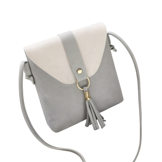 Grey and white mini crossbody bag with tassel for women