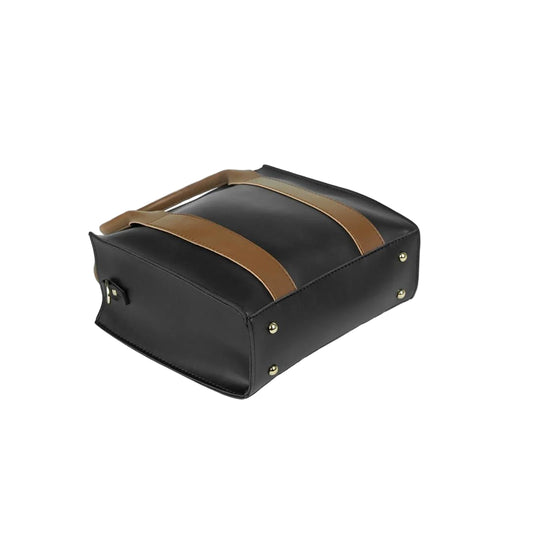 Elegant black and brown tote handbag with faux-leather finish