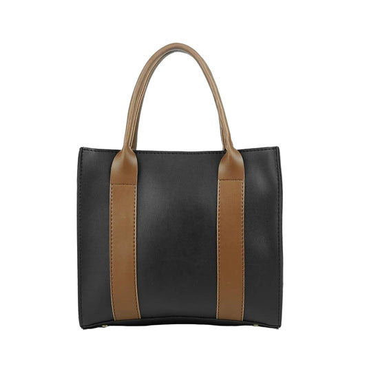 Elegant black and brown tote handbag with faux-leather finish