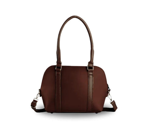Dark brown dome shaped handbag with detachable strap and faux-leather finish