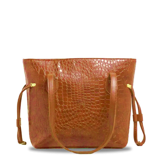 brown croc-textured faux leather tote bag with gold accents and shoulder handles