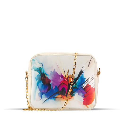Colorful butterfly design handbag with gold chain on a white background