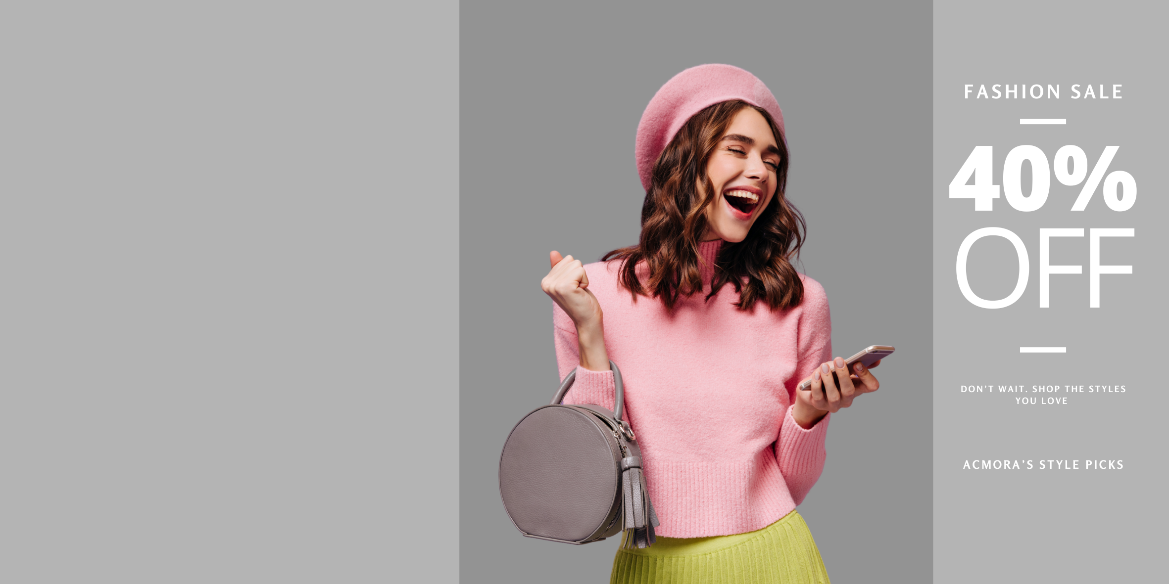 Woman in pink outfit with a bag and phone, gray background with fashion sale text