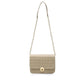 Beige handbag with a gold chain strap on a white background