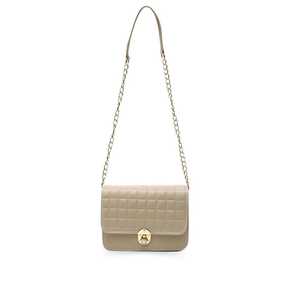 Beige handbag with a gold chain strap on a white background