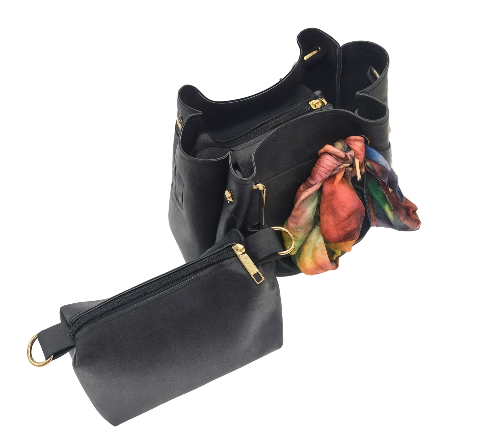 Black handbag set with a colorful scarf on a white background