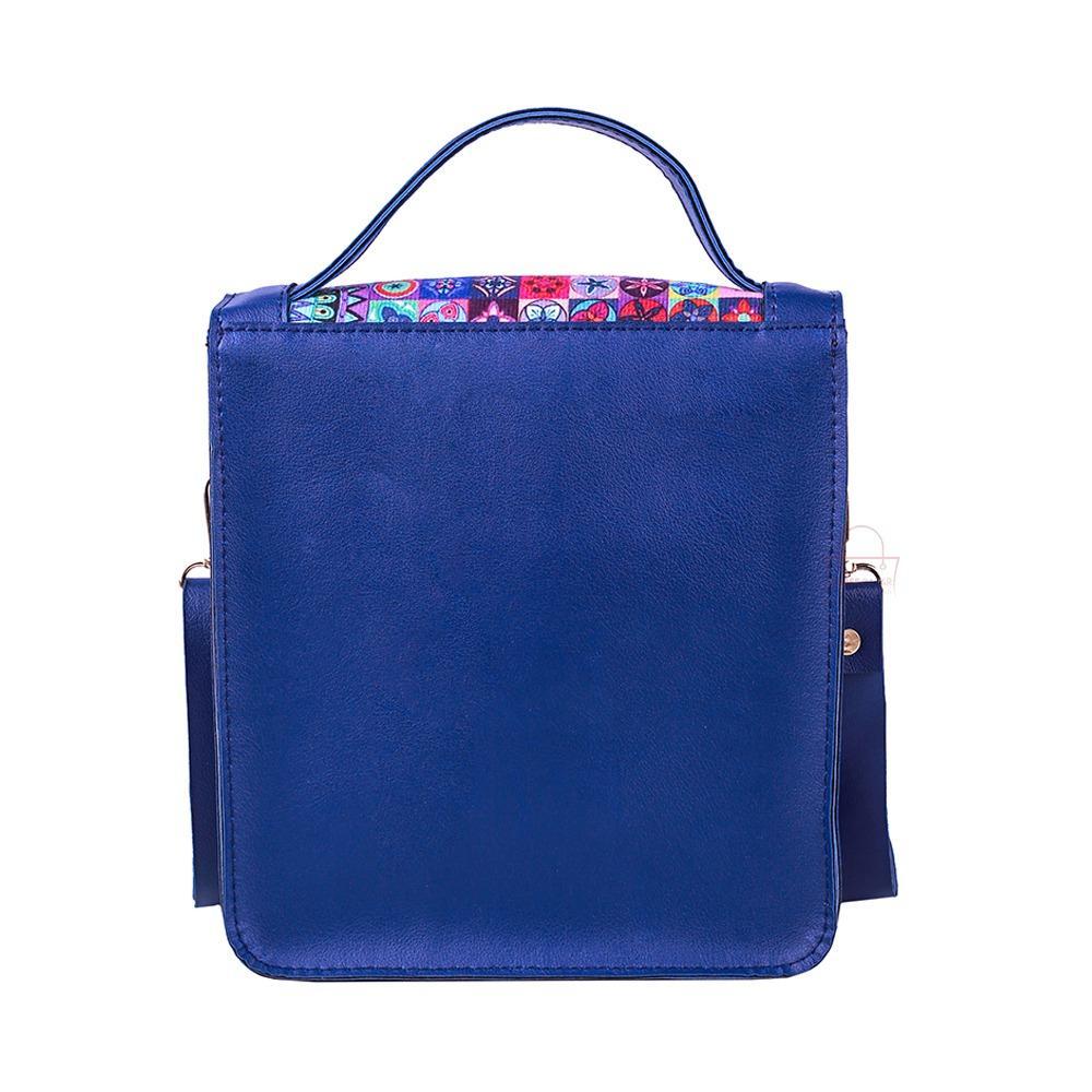 Blue backpack with a colorful handle on a white background