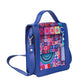 Blue backpack with a colorful pattern on a white background