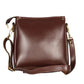 Brown leather handbag with gold hardware on a white background
