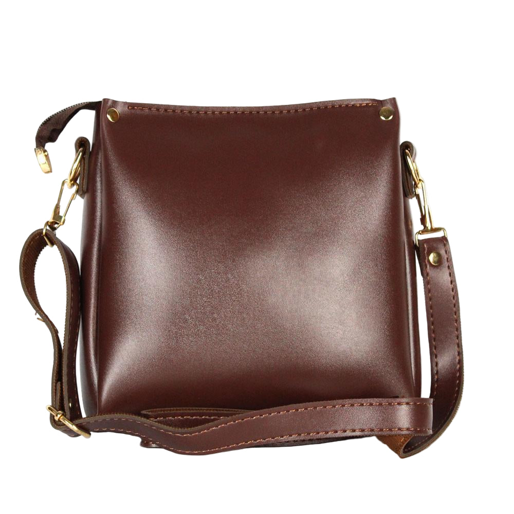 Brown leather handbag with gold hardware on a white background