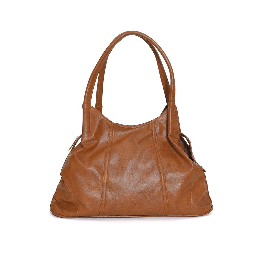 Brown leather handbag on a white background