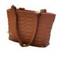 Brown quilted handbag with a gold zipper on a white background