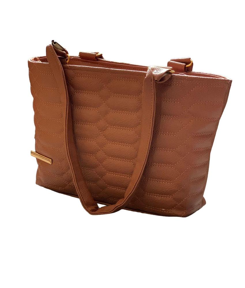 Brown quilted handbag with a gold zipper on a white background